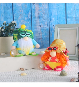 Detail of beach gnomes with swimsuits and beer mugs on blue wood background