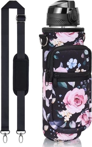 Detail of floral SBR water bottle sleeve with adjustable shoulder strap and zipper pocket