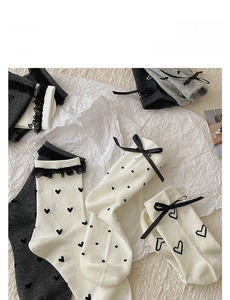 Detail of knit socks featuring delicate lace edges and black silk ribbon bows