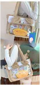 Detail of plush cat ear tote bag with clear PVC window and anime character decoration