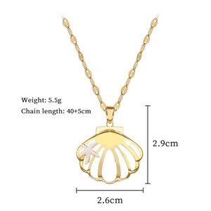 Detailed view of hollow shell pendant with dimensions and weight specs in gold steel