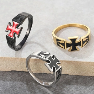 Men Iron Cross Ring Titanium Steel Biker Punk Gothic Band With Lightning Pattern Retro Jewelry