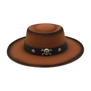 Brown wool felt fedora with gothic skull studs and wide brim in vintage rock style