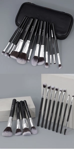 Detail of 12-piece professional black and silver makeup brushes with leather zip pouch