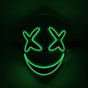Detail of green LED neon wires on black mask with cross eyes and stitched smile effect