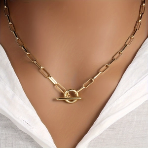 Gold paperclip chain necklace with minimalist OT toggle clasp for women and men