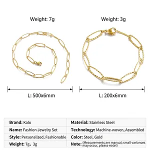 Size chart showing dimensions for stainless steel necklace and bracelet set in polished finish