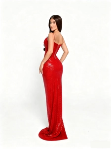 Elegant red sequin long evening dress with thin straps and a high slit side view