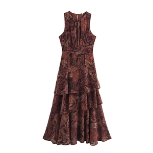 Robe Maxi Sans Manches À Imprimé Paisley Mousseline À Volants Superposés Col Rond Rétro Bohème Élégante Femmes