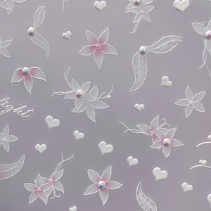 5D embossed flower nail art stickers with white 3D hearts and iridescent pearls