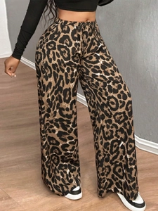 Pantaloni leopardati da donna a gamba larga con coulisse elastica in vita alta casual