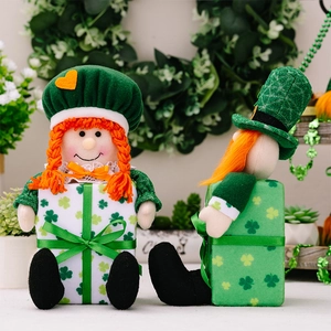 Saint Patrick's Day plush doll set with green clover gift boxes and festive orange hair