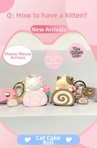 Detail view of cute cat cake roll keychains with sakura and coffee themes and metal clips