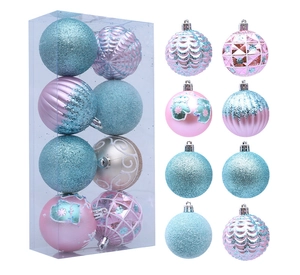 Close-up of pink and blue Christmas balls with glitter, matte and ripple texture
