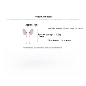 Detailed specs of tassel butterfly earrings with zircon, silk, and silver pins