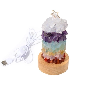 USB crystal night light with colorful stones, wooden base, and gold star topper