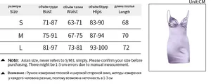 Detailed size chart for the backless satin dress with bust, waist and hip measurements
