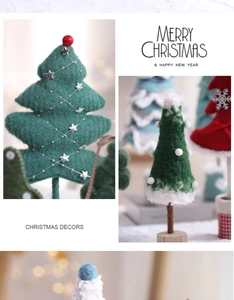 Detailed view of handcrafted wool felt Christmas tree ornaments with wooden bases