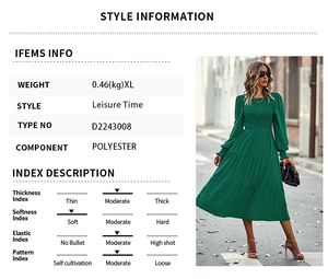 Guide des tailles et infos de style pour robe verte en polyester avec fiche technique