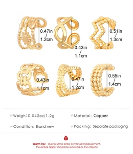 Set de seis earcuffs dorados con diseños variados como trenzados y perlados con medidas