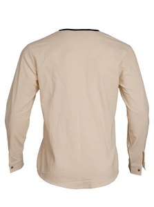 Detail view of the back of a beige linen cotton long sleeve shirt showing fabric texture