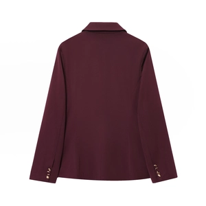 Rear view of wine red slim fit blazer with shoulder pads and gold cuff button detail