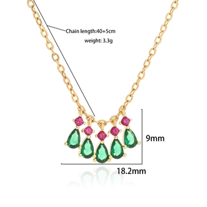 Detailed specs of teardrop necklace with green and pink crystals and dimension labels
