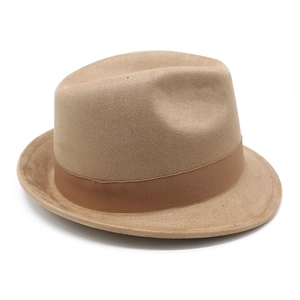 Detailed close-up of camel faux suede fedora hat with dark brown ribbed ribbon band