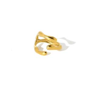 Detailed view of an 18K gold plated irregular geometric ring with a wavy organic texture