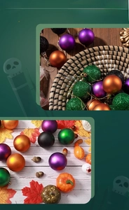 Detail of Halloween decorative ball set in purple, orange, and green with glitter textures