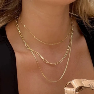 Three-layer 18K gold plated stainless steel paperclip and box chain necklace for women