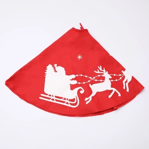 90cm red Christmas tree skirt with reindeer sled silhouette and ribbon ties