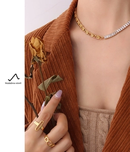 Detail of 18K gold plated stainless steel necklace with sparkling zircon stone on model