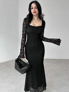Elegant black lace long sleeve dress with square neck and fishtail hemline for women