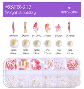 Detail view of a 12-grid box containing various shapes and sizes of iridescent aurora nail rhinestones