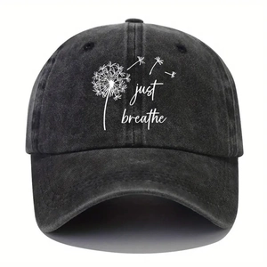 Vintage washed dark grey baseball cap featuring Just Breathe dandelion print design