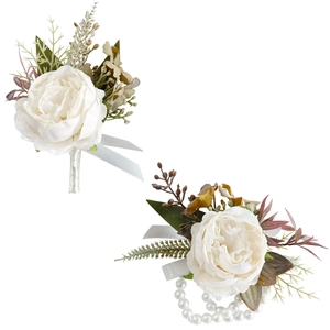 White rose boutonniere and wrist corsage set with pearls and ribbons for weddings