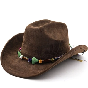 Suede Western Cowboy Hat Wide Brim Ethnic Colorful Bead Band Bohemian Style Jazz Cap For Travel And Vacation