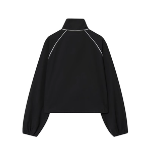 Minimalist black nylon puffer jacket for women with stand collar and elastic cuffs back view