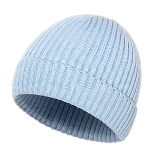Classic light blue ribbed knit baby hat for winter warmth with soft elastic texture