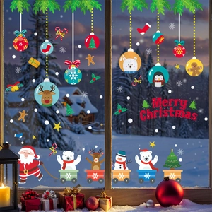 Stickers de Noël pour fenêtres avec Père Noël et renne sur fond de paysage enneigé