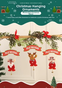 Detailed view of Christmas Santa, reindeer and snowman plush ornaments with gold bells