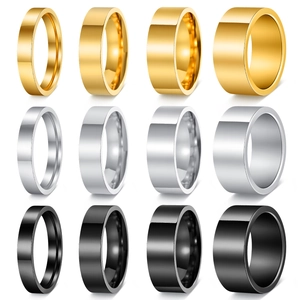Polished stainless steel minimalist rings in gold, silver, and black in four band widths