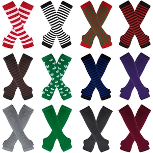 Set of 12 multi-colored striped and solid knit fingerless arm warmers for cosplay