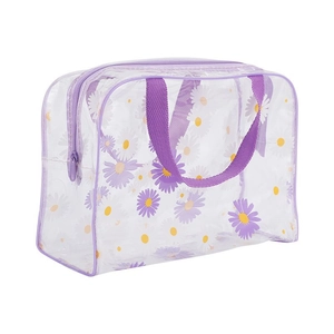 Waterproof PVC daisy print toiletry bag with purple zipper and handle for travel