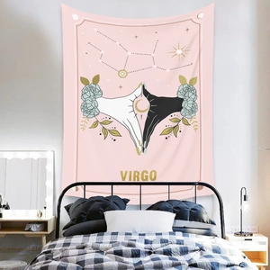 Detail of pink Virgo zodiac tapestry with floral patterns for wall decoration