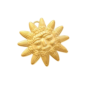 Polished gold sun face brooch with radiating rays minimalist stainless steel accessory
