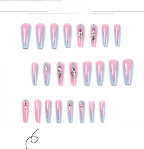 Detailed set of 24 long coffin false nails with pink and blue V-shape and rhinestones