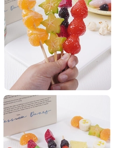 Detailed macro view of realistic faux glazed fruit skewers with glossy syrup coating
