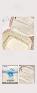 Détails de la trousse à maquillage matelassée fleurie rose avec fermetures éclair bleues